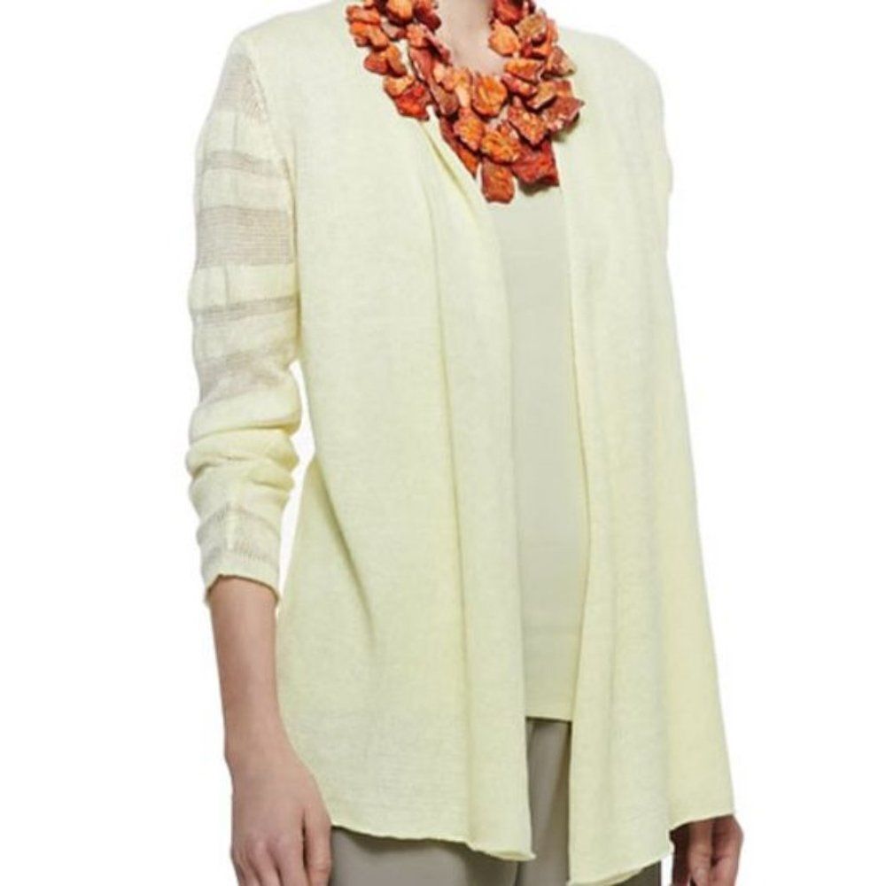 NEW Eileen Fisher Yellow Linen Shadow Stripe Knit Open Front Cardigan Top Set XL